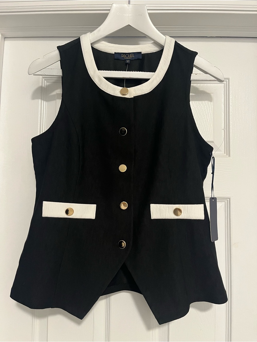 Black Sleeveless Button-Front Tunic with White Trim